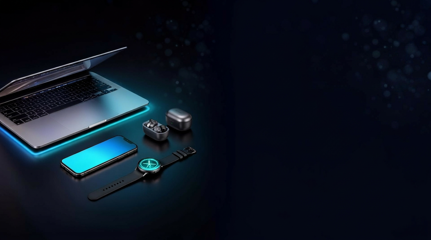 Premium Tech-Desk-Setup mit Laptop, Smartphone, Earbuds und Smartwatch